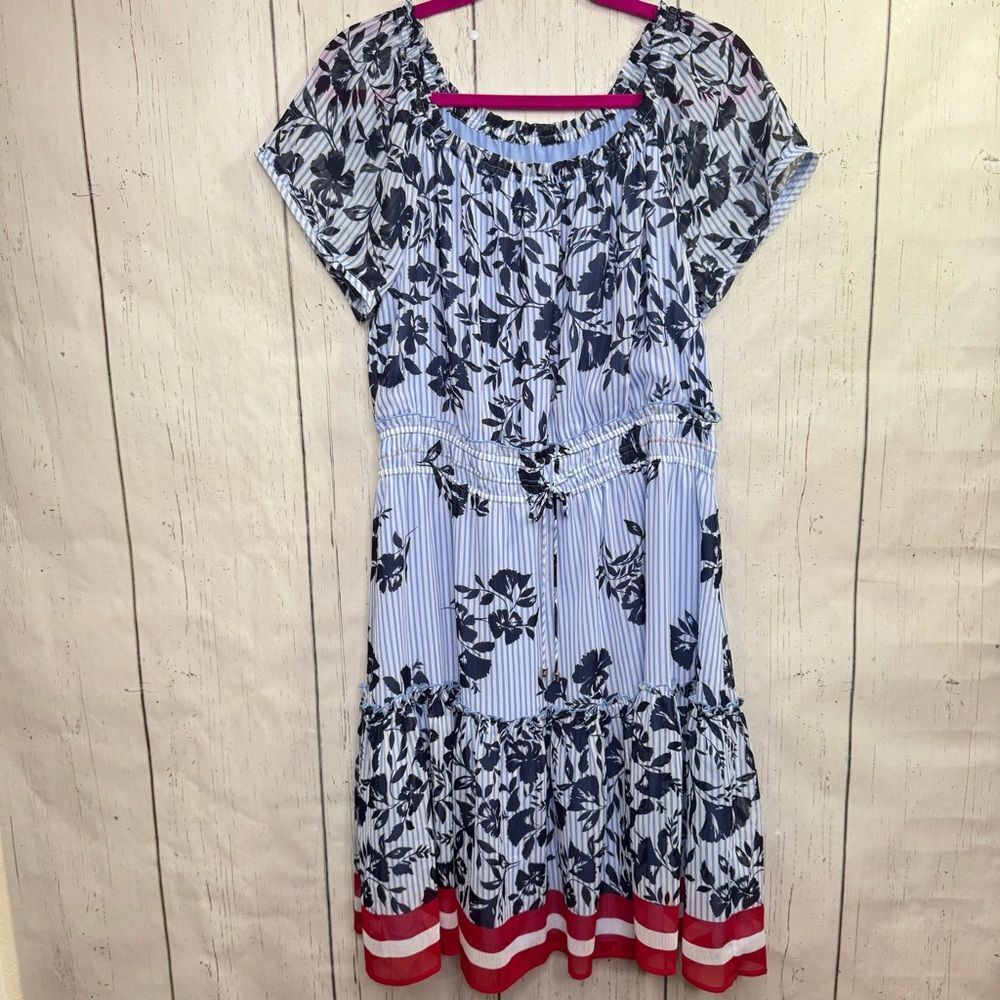 Tommy Hilfiger Floral Stripe Midi Dress Blue Preppy Coastal Nautical Vacation 12